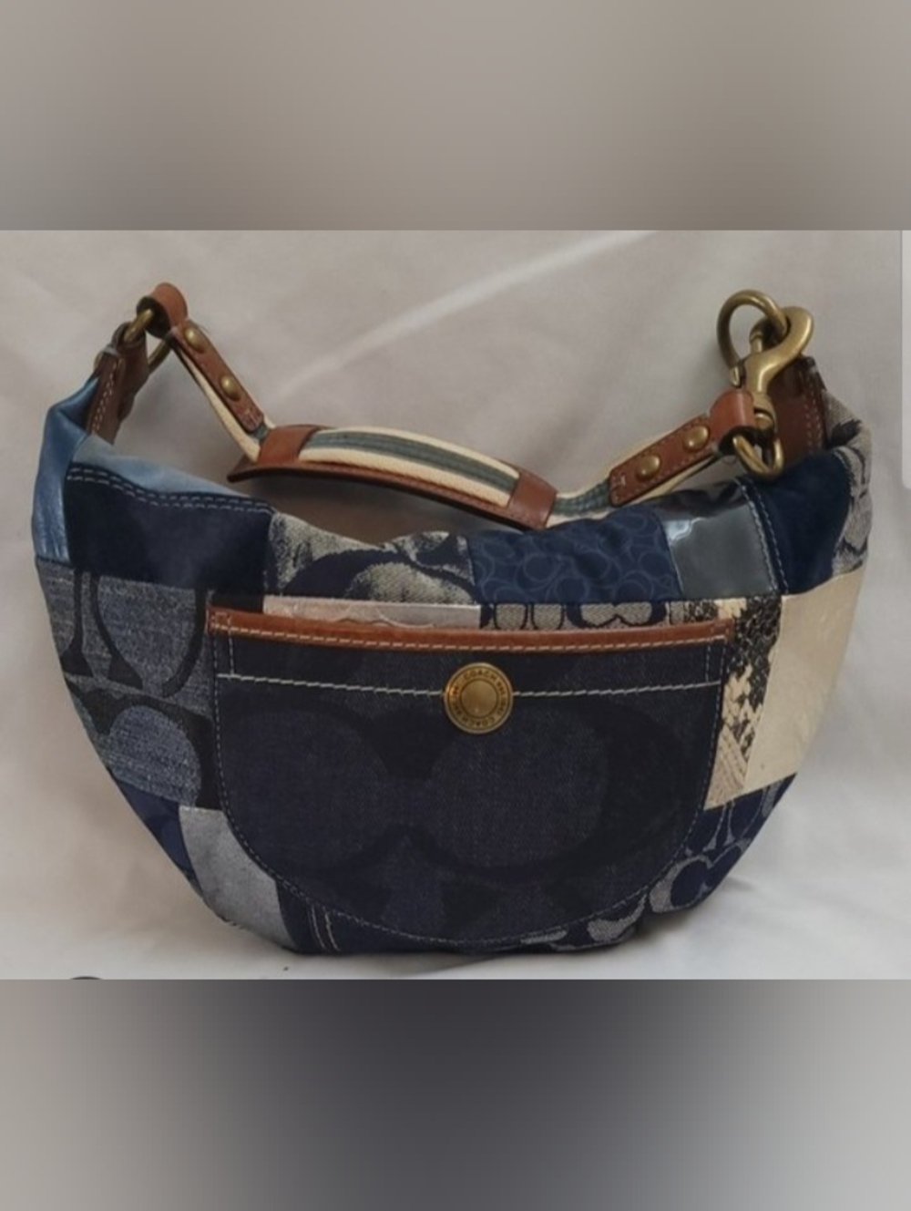 Coach Patchwork Denim Shoulder Bag with Leather Trim - Blue & Tan
